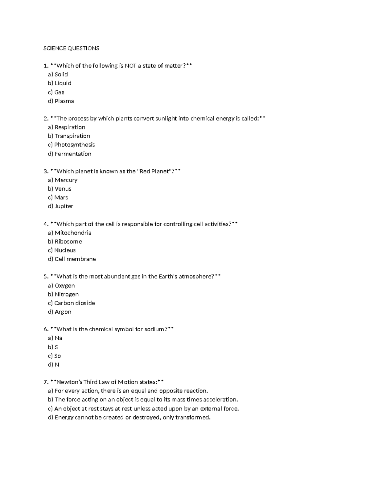QUIZ BEE 2024: Science & Math Questions for Grades 7-12 - Studocu