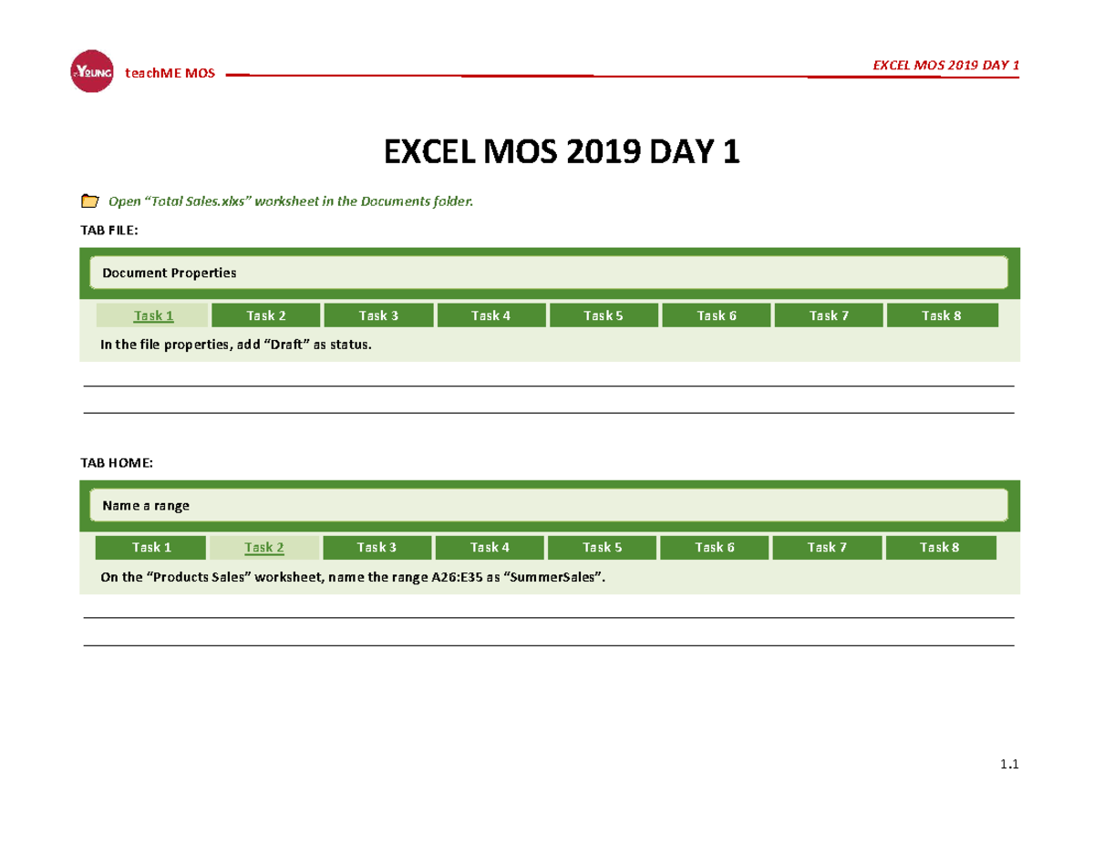 EXCEL MOS 2019 DAY 1: Worksheet Tasks and Formatting Guide - Studocu