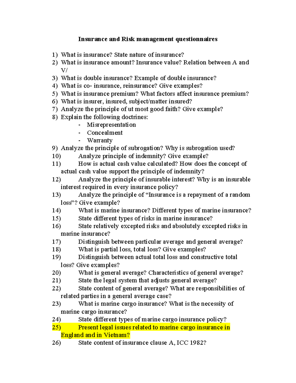 Copy of BỘ CÂU HỎI ÔN TẬP - Insurance and Risk management ...