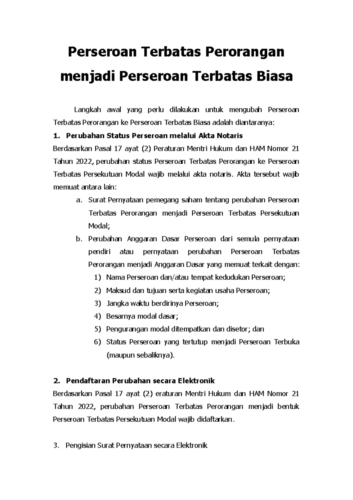 58. Proses Perubahan Perseroan Terbatas Perorangan ke Biasa - Studocu