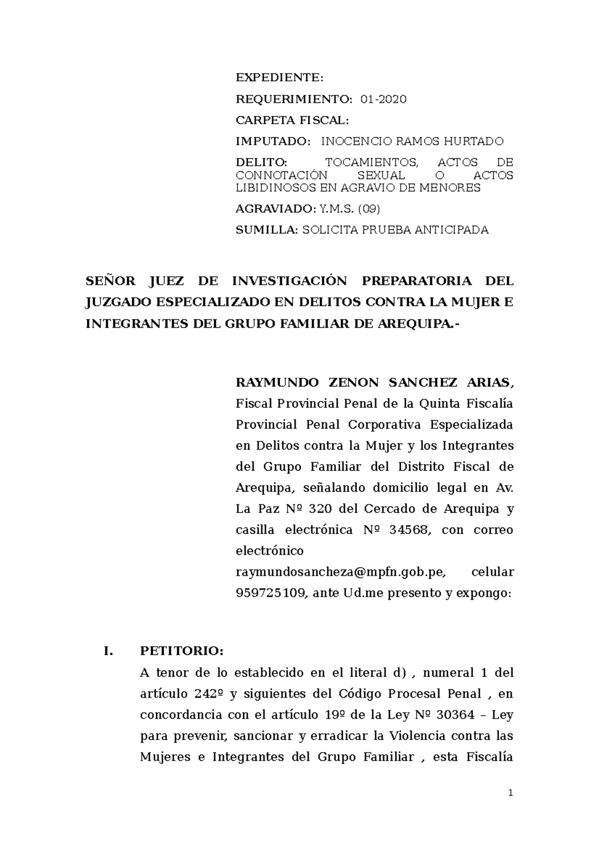Modelo de Requerimiento de Prueba Anticipada - Caso Y.M.S. (09) - Document Preview