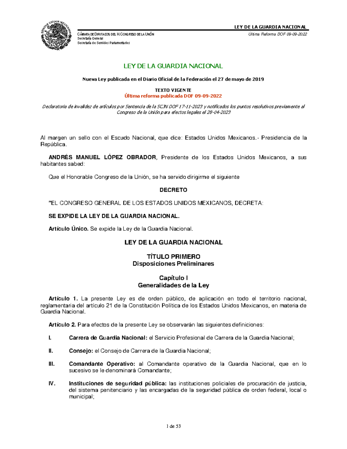 LEY DE LA GUARDIA NACIONAL: TEXTO VIGENTE Y REFORMAS (LGN) - Studocu