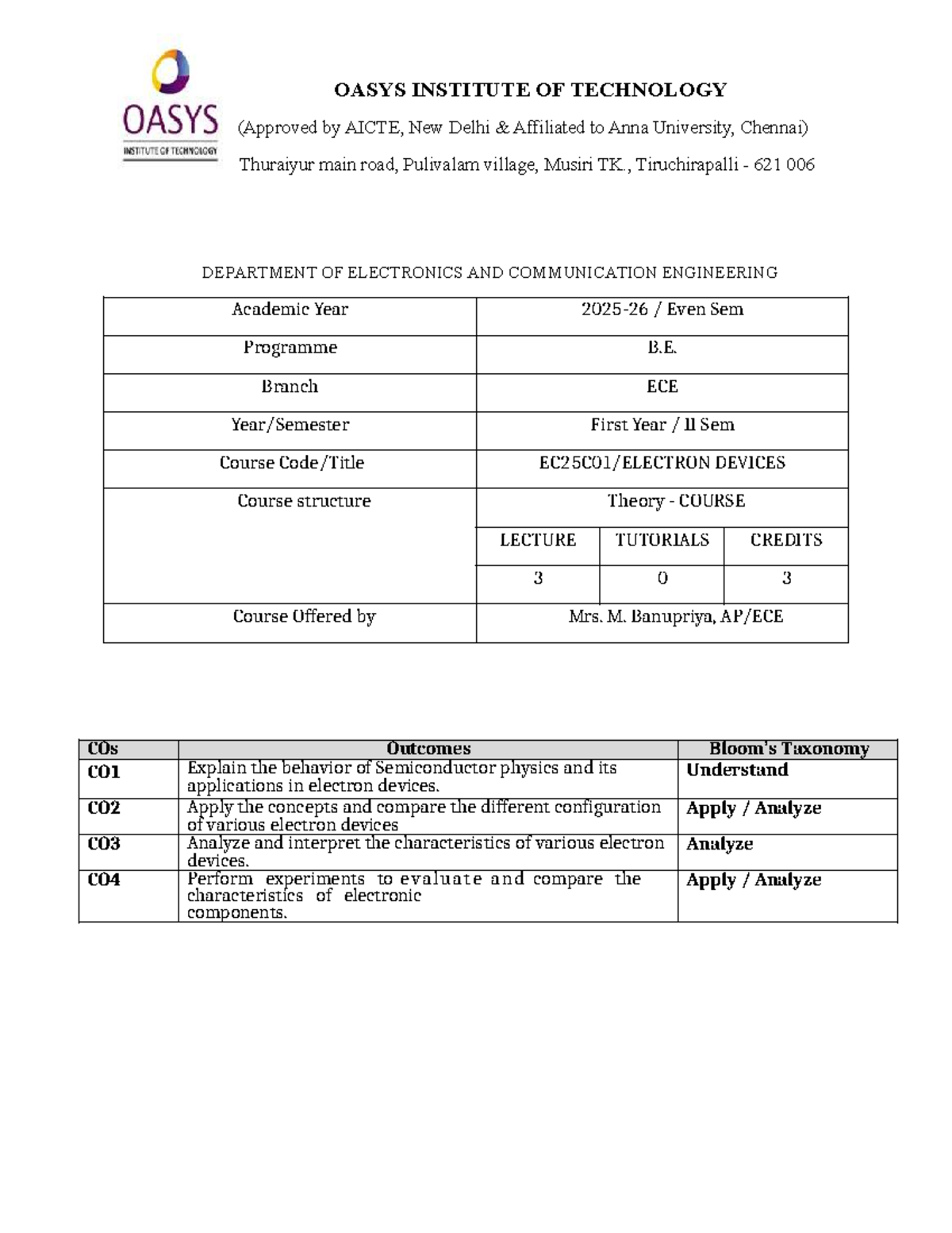 Lesson Plan for ECE 1st Year II Sem: DEVICES Course Notes - Studocu