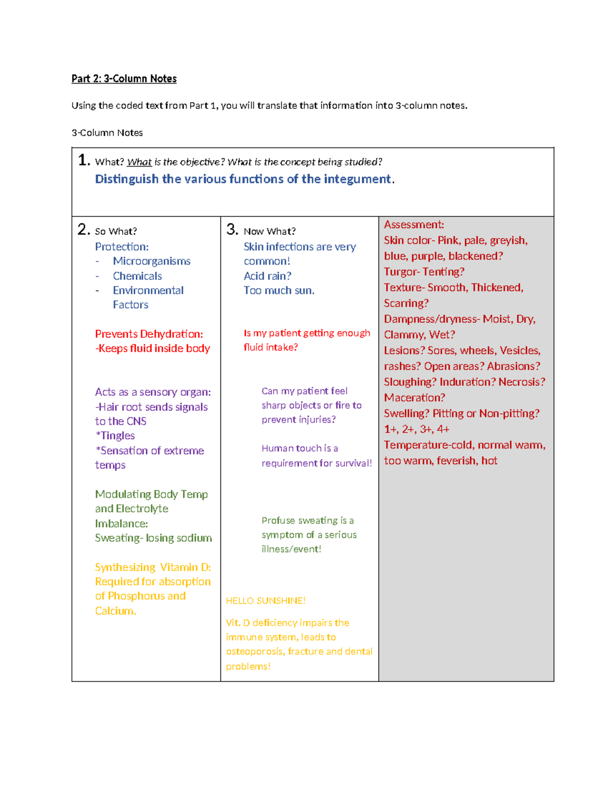 3-Column Notes on Integument Functions and Assessment - Studocu