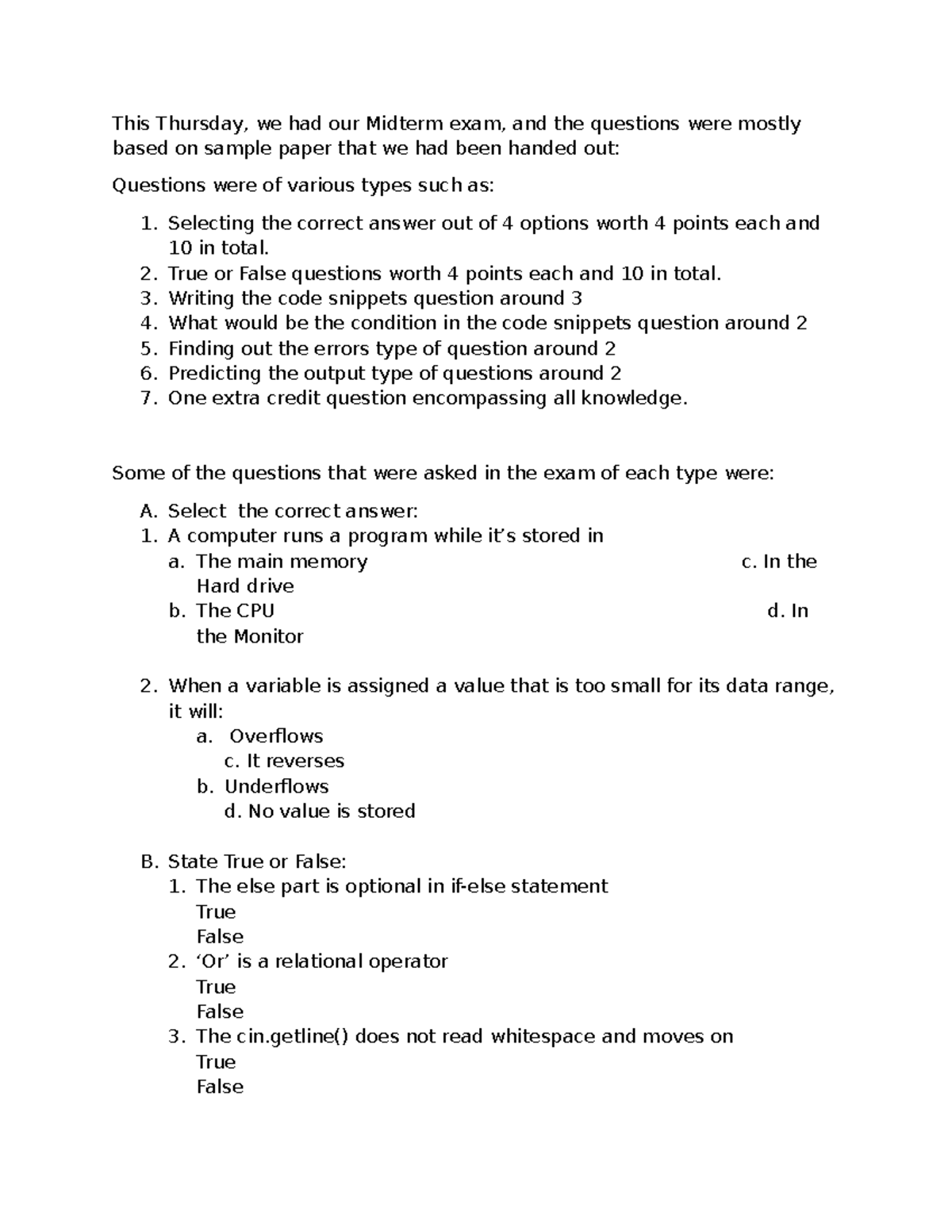 Midterm Exam C++ Code Snippets and Questions Overview - This Thursday ...