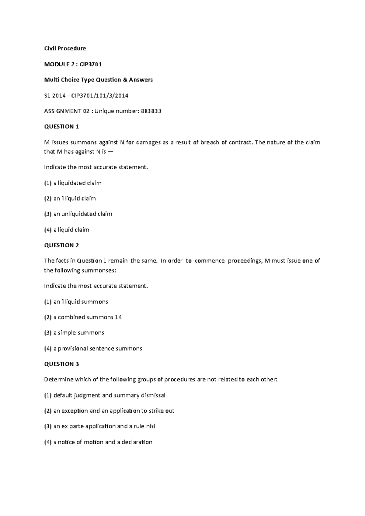 CIV 3701 Civil Procedure Revision Exam Questions & Answers - Studocu