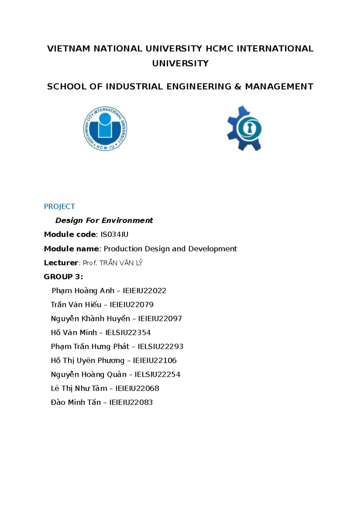 IS034IU Design for Environment – G03 Project Report 2023-2024 - Studocu
