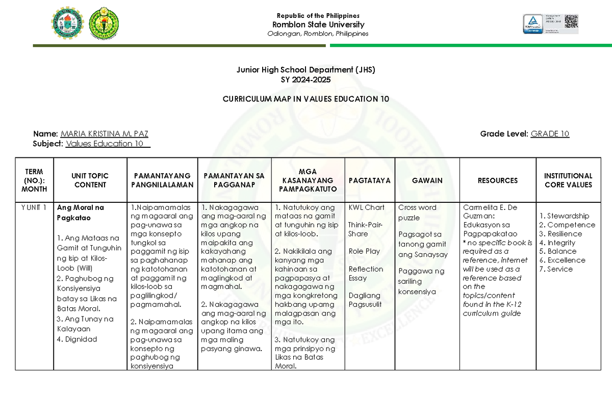 Values Education 10 Curriculum Map SY 2024-2025 - Studocu