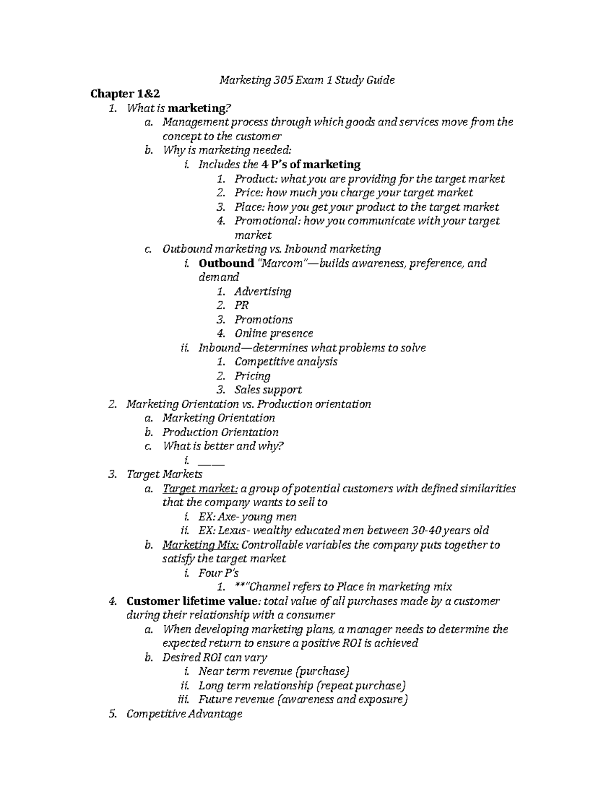 Marketing 305 Exam 1 Comprehensive Study Guide - Studocu