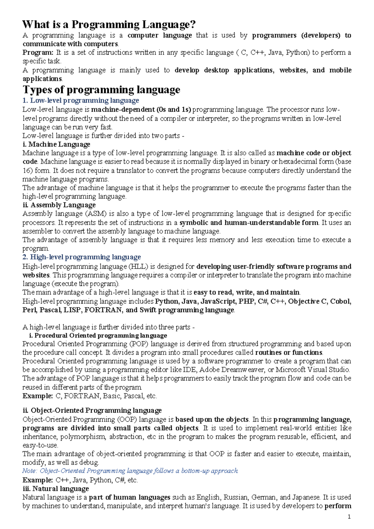 Unit I compressed - Unit 1 - What is a Programming Language? A ...