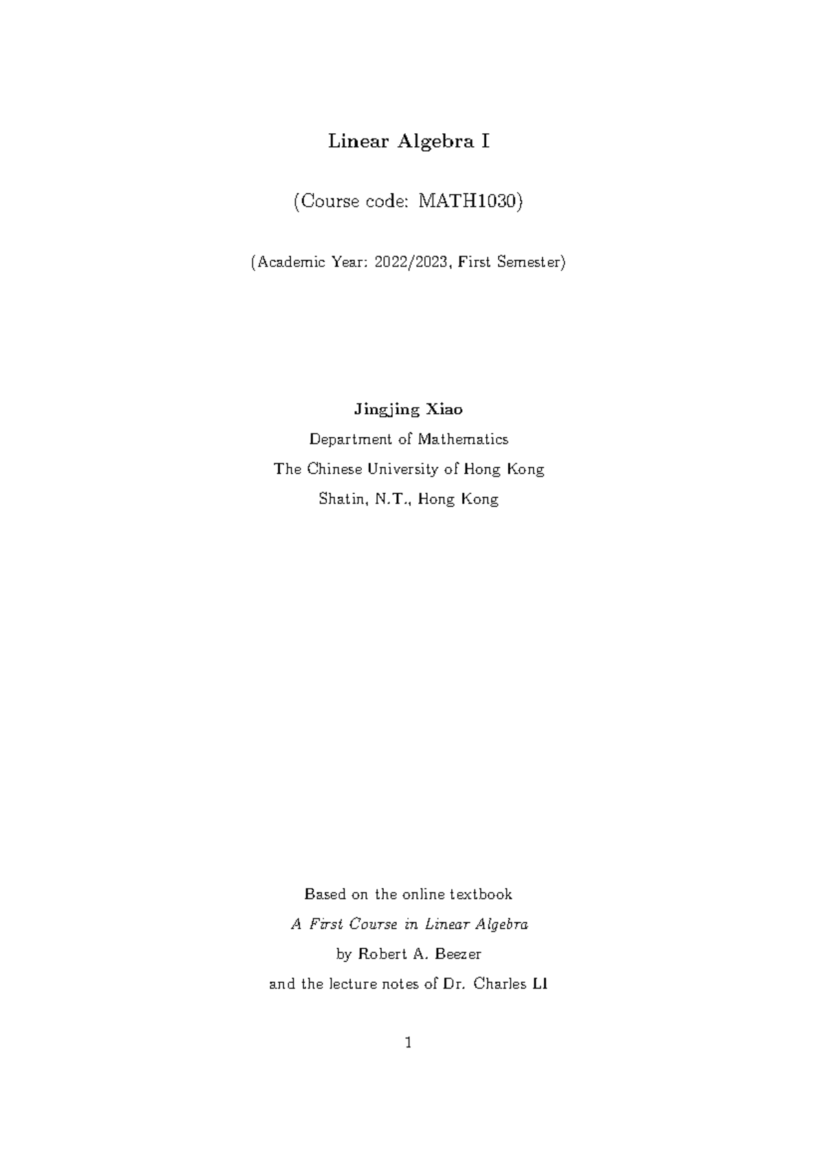 Linear Algebra I Lecture Notes (MATH1030) - First Semester - Studocu