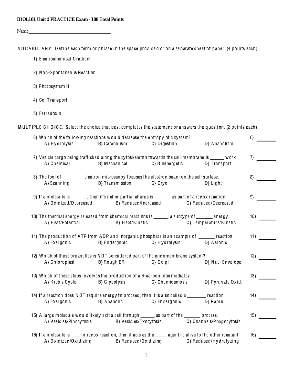 BIOL101 Unit 2 Practice Exam - Vocabulary and Multiple Choice Questions ...