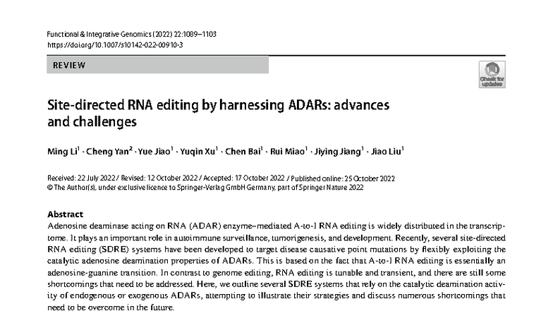 S10142 2022 Review: Advances and Challenges in RNA Editing with ADARs ...