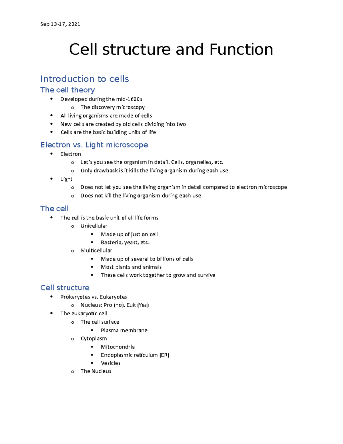 BIO 101: Week 2 Lecture Notes on Cell Structure and Function - Studocu