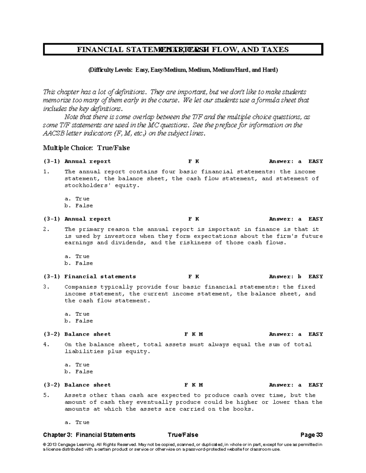 TEST BANK QTTC - Chapter 3: Financial Statements, Cash Flow & Taxes ...