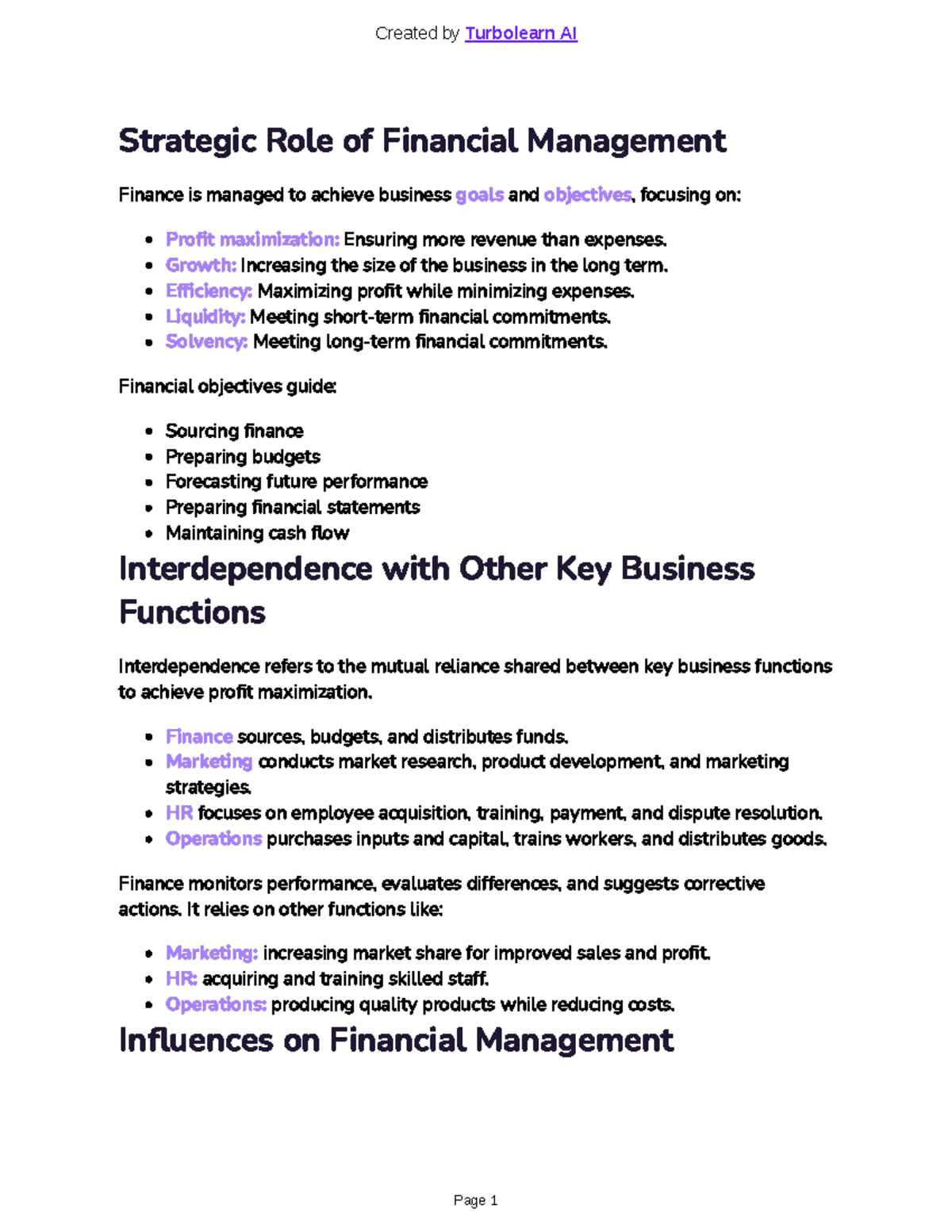 Business Course Notes: Strategic Role of Financial Management (FIN101 ...