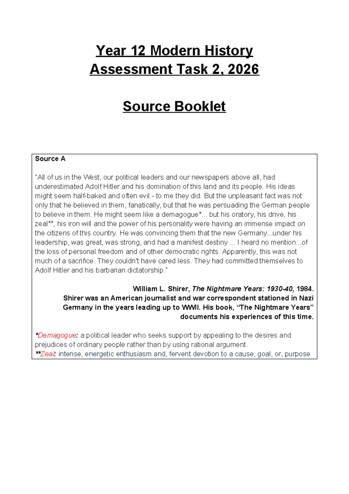 Year 12 Modern History Assessment Task 2: Power & Authority in Nazi ...