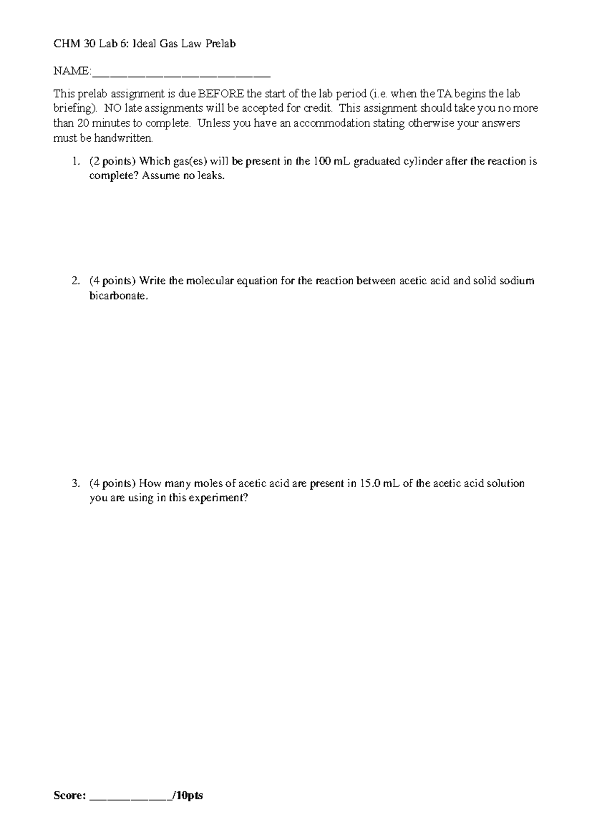 CHM 30 Lab 6: Ideal Gas Law Prelab Instructions and Data Collection ...