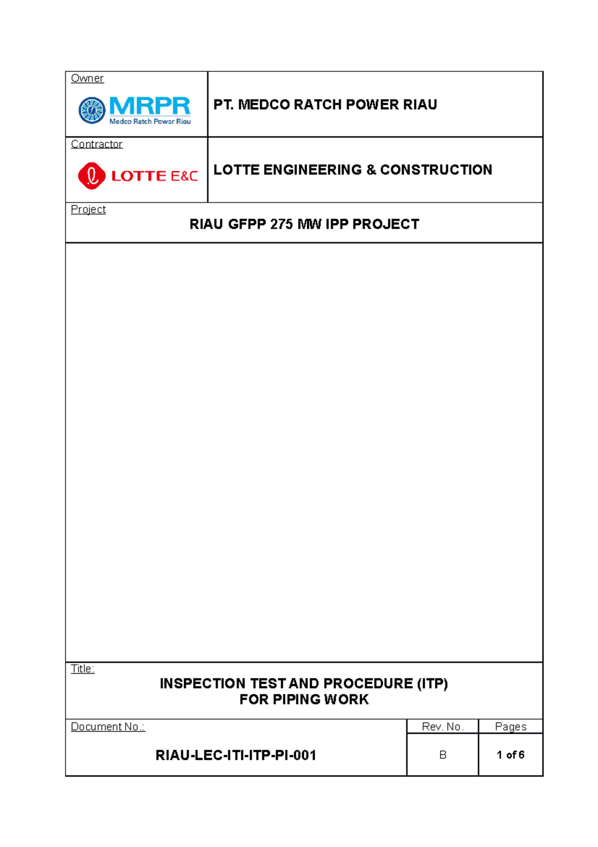 ITP-PI-001 Final Inspection Procedure for Piping Work - RIAU GFPP - Studocu
