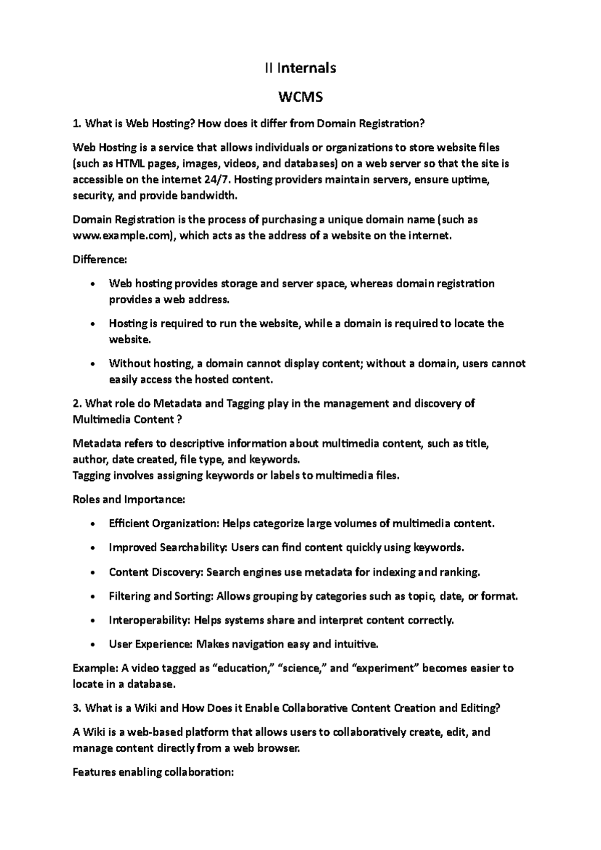 II Internals WCMS 1: Web Hosting, Metadata, and Wiki Collaboration ...