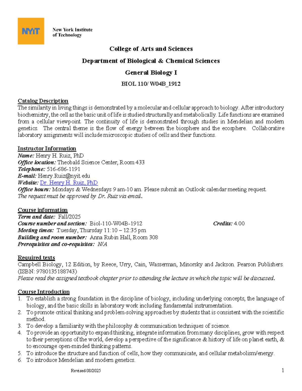 General Biology I Syllabus BIOL W04B_1912 - Fall 2025 - Studocu