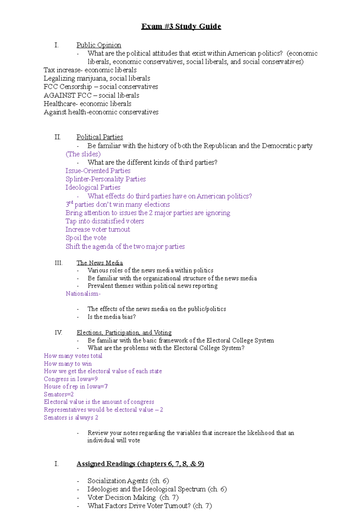 POLT 101 - Study Guide #3 (OER) - Exam #3 Study Guide I. Public Opinion ...