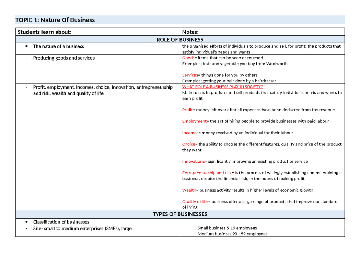 BUS 101: Nature of Business Study Notes and Key Concepts - Studocu