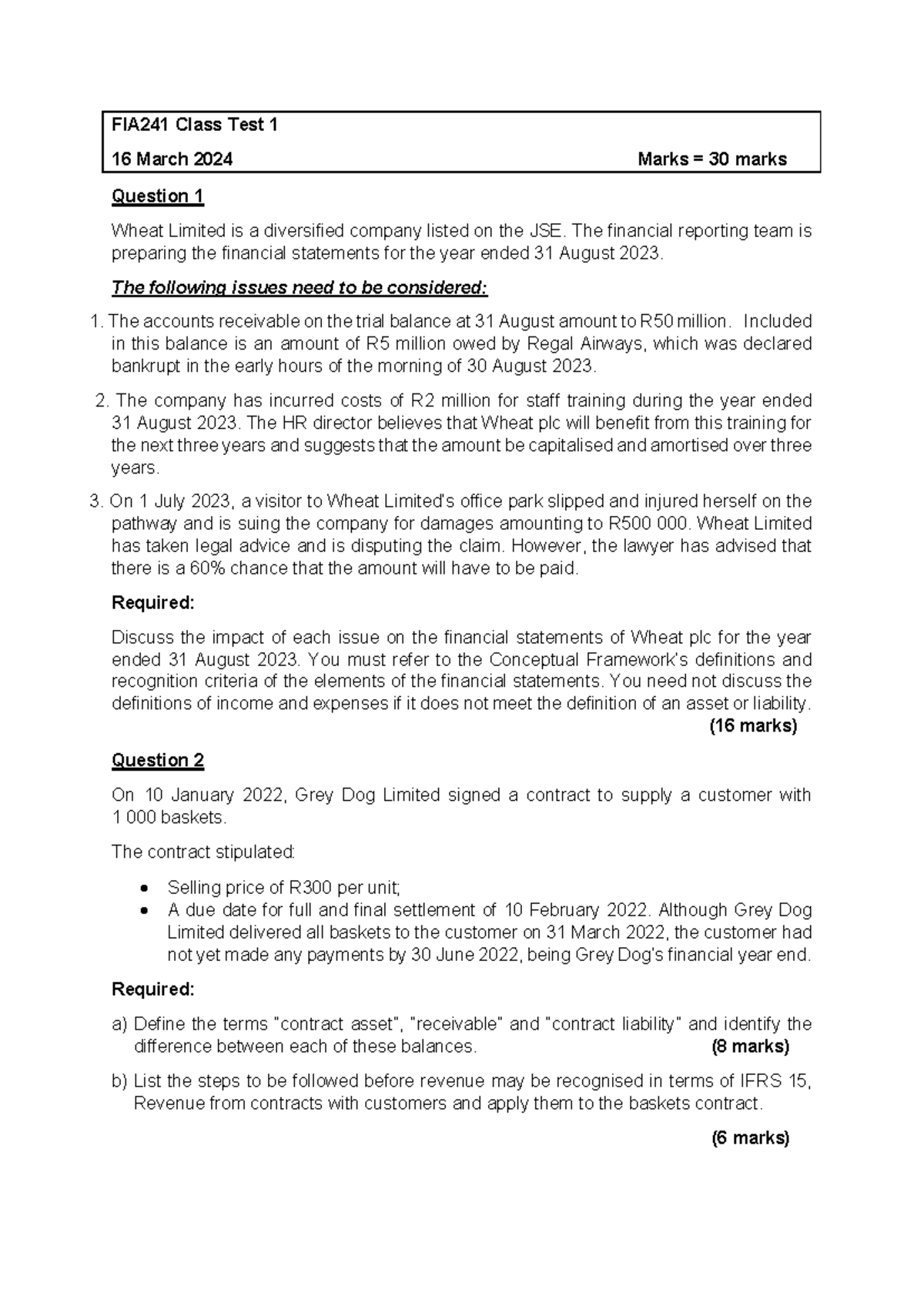 FIA 241 Class TEST 1 - FIA241 Class Test 1 16 March 2024 Marks = 30 ...