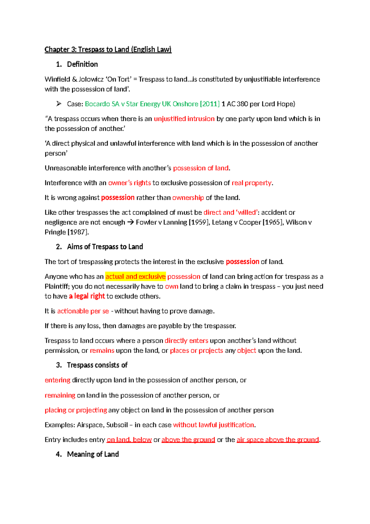 Tort II - Chapter 3: Trespass to Land in English Law - Studocu