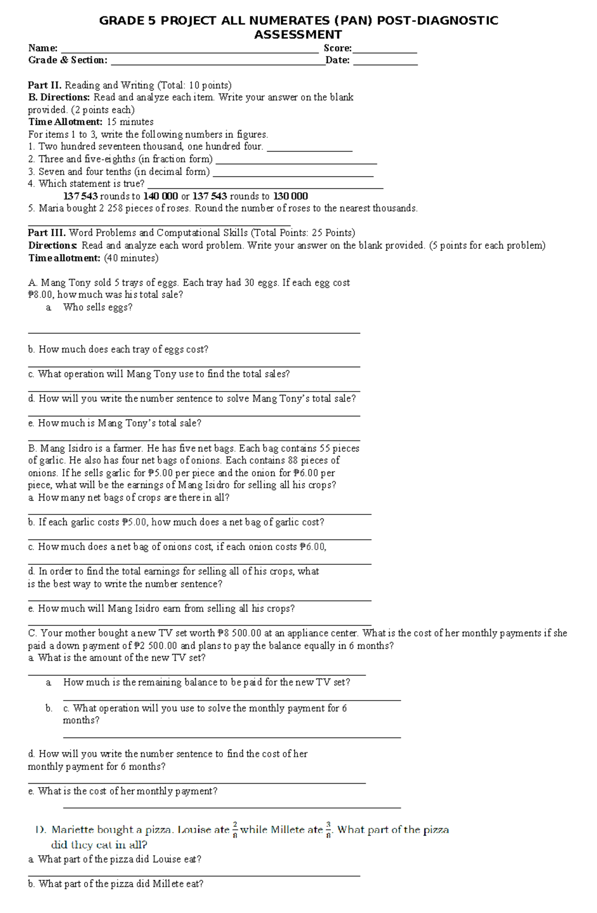 Grade 5 PAN POST-DIAGNOSTIC Project Assessment Worksheet - Studocu