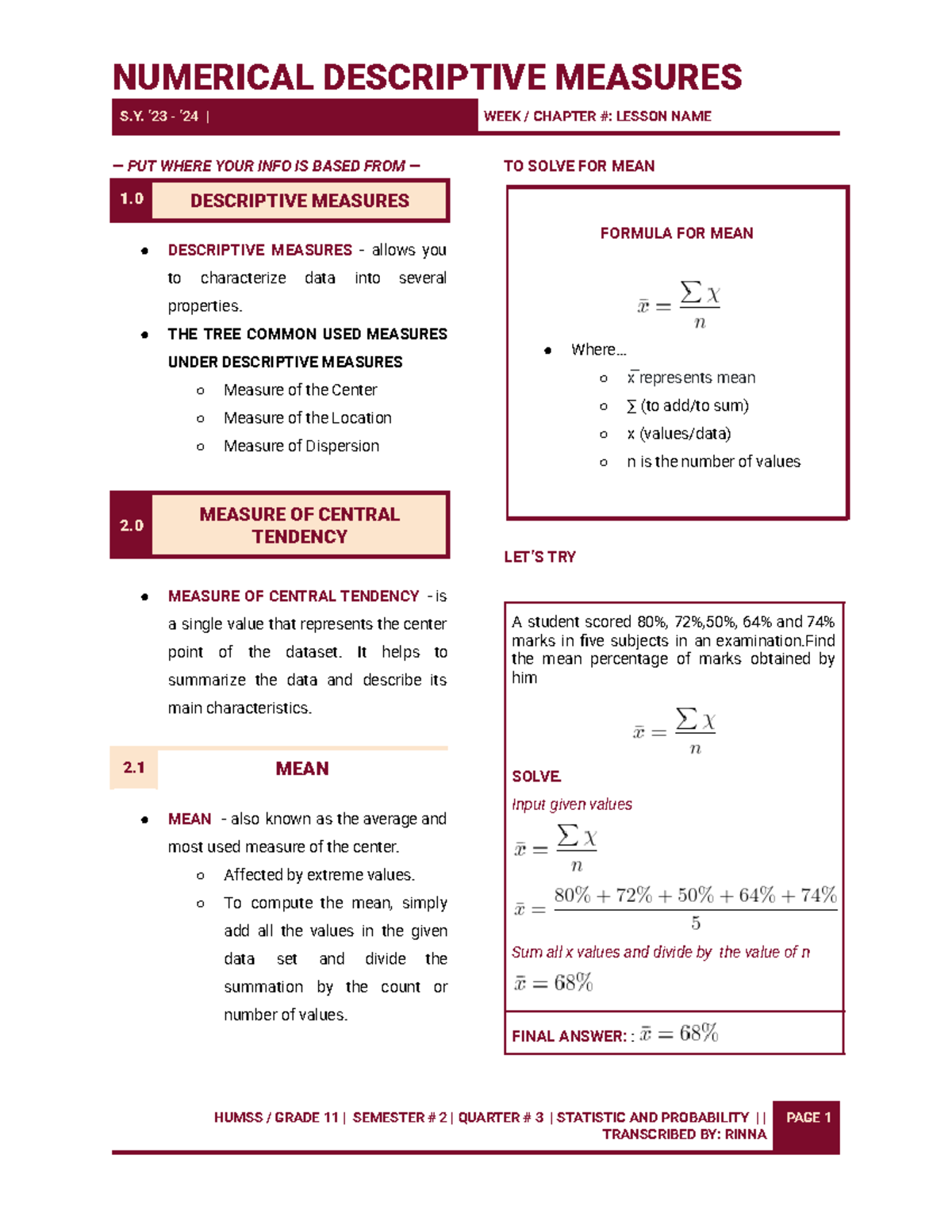 [MAT102] T2 Q3 L2 Numerical Descriptive Measures: Mean, Median, Mode ...