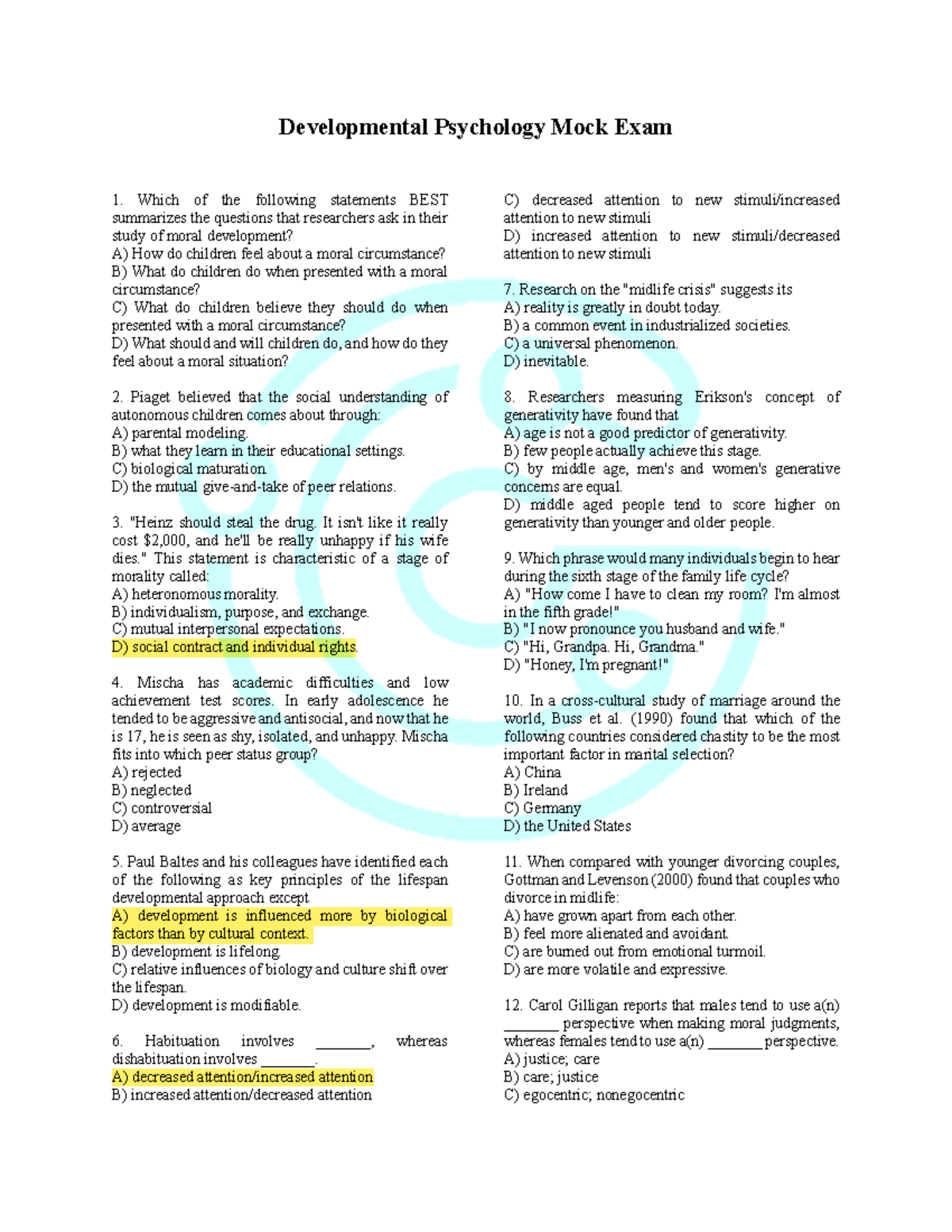 Developmental Psychology PSY 210 MOCK EXAM Questions & Answers - Studocu