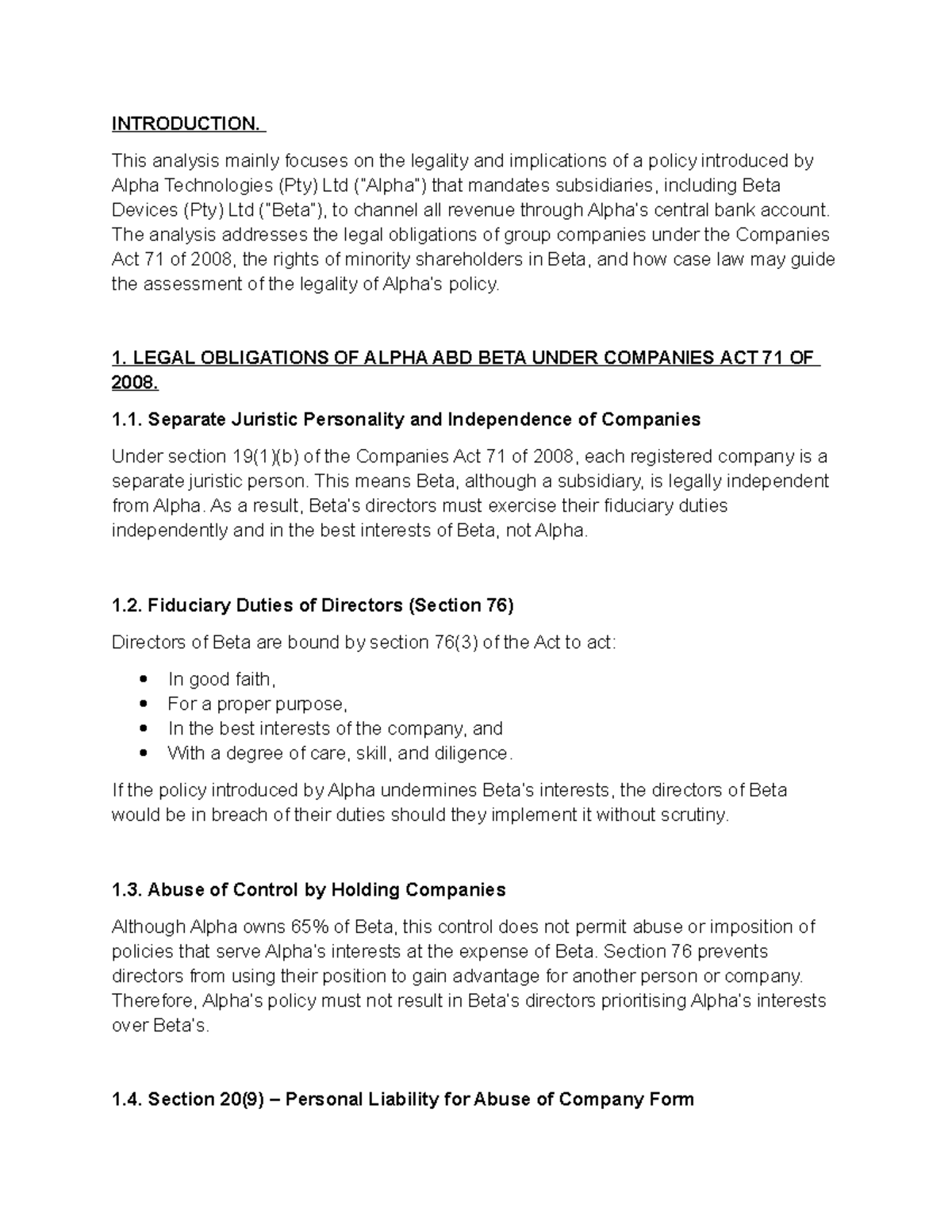Legal Analysis of Alpha Technologies' Policy: Implications for Beta ...