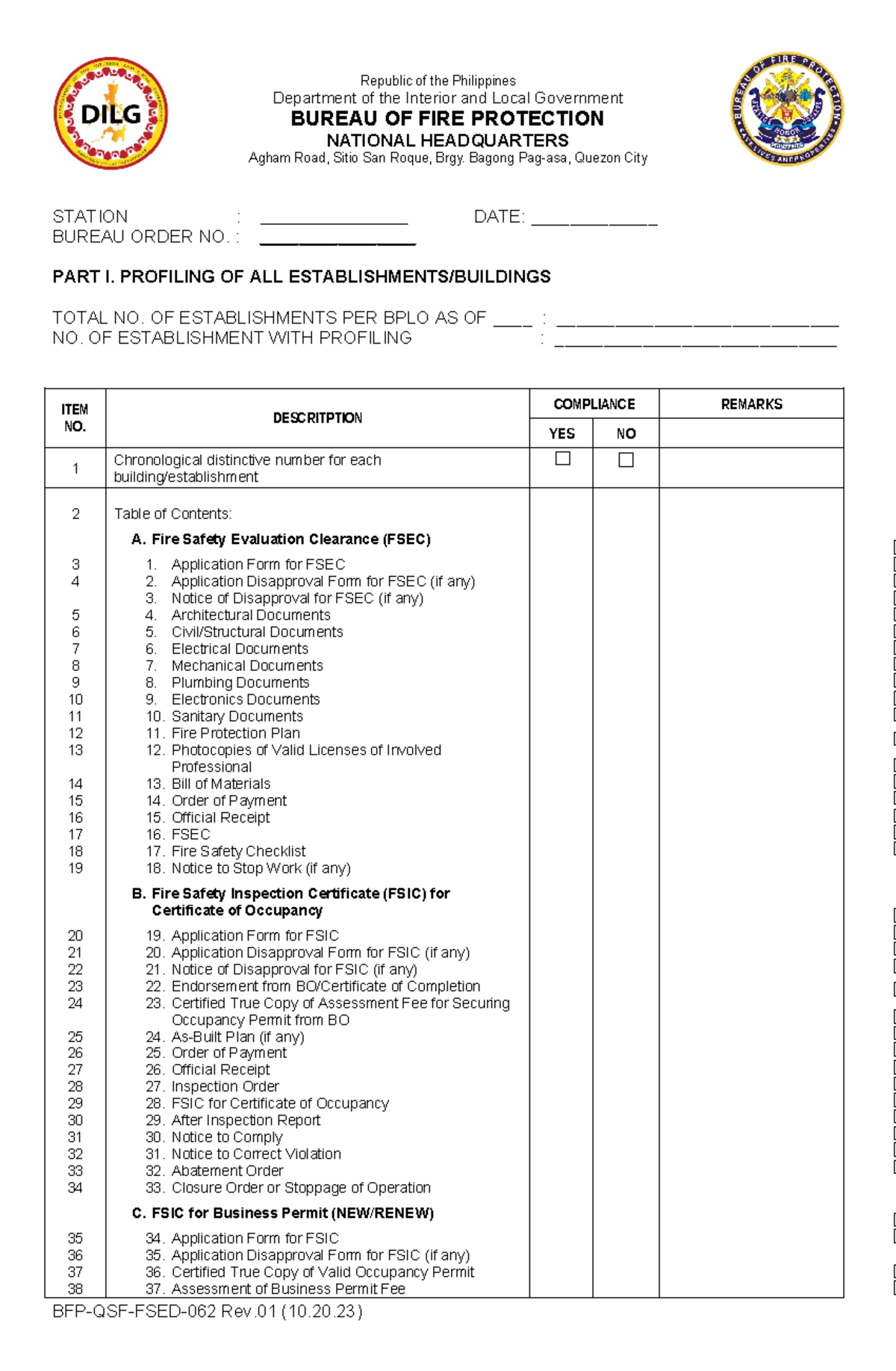 FSED-62F-BFP Fire Safety Evaluation Team Checklist Rev01 - Studocu
