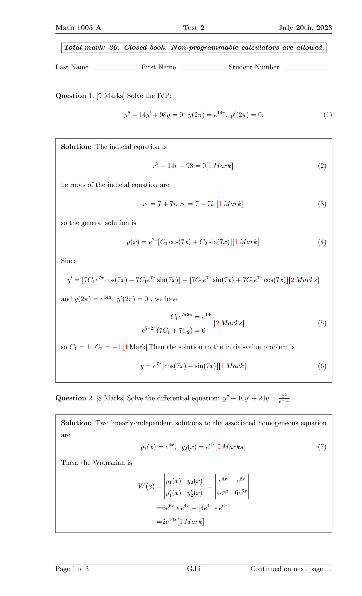Math 1005 A Test 2 Solutions for Summer 2023 - Studocu