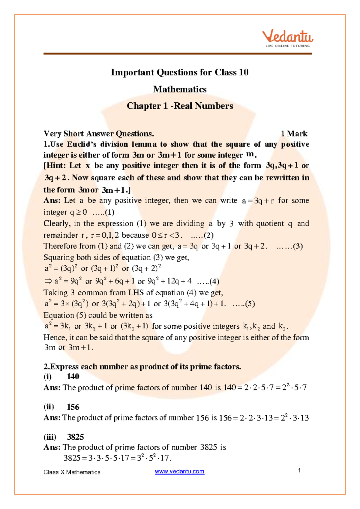 Important Questions for Class 10 Mathematics Chapter 1 - Numbers - Studocu