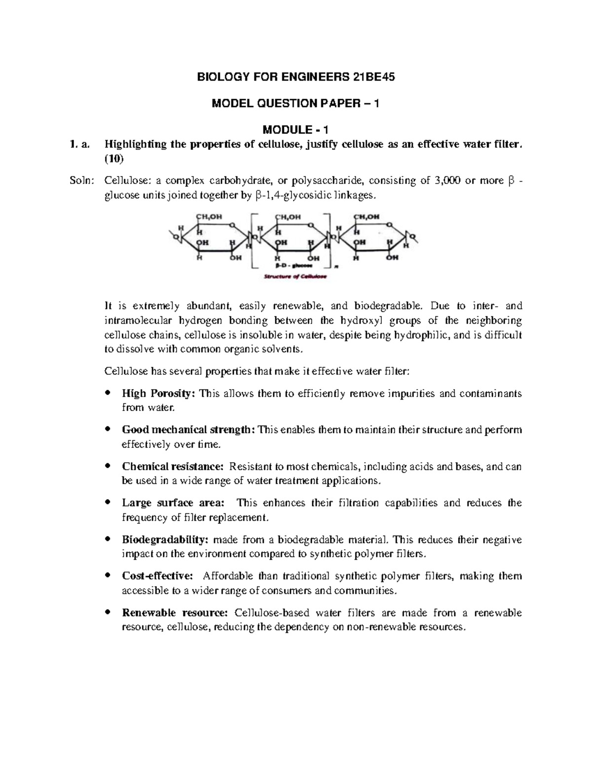 BIOLOGY FOR ENGINEERS 21BE45 MODEL QUESTION PAPER 1 SOLUTIONS - Studocu