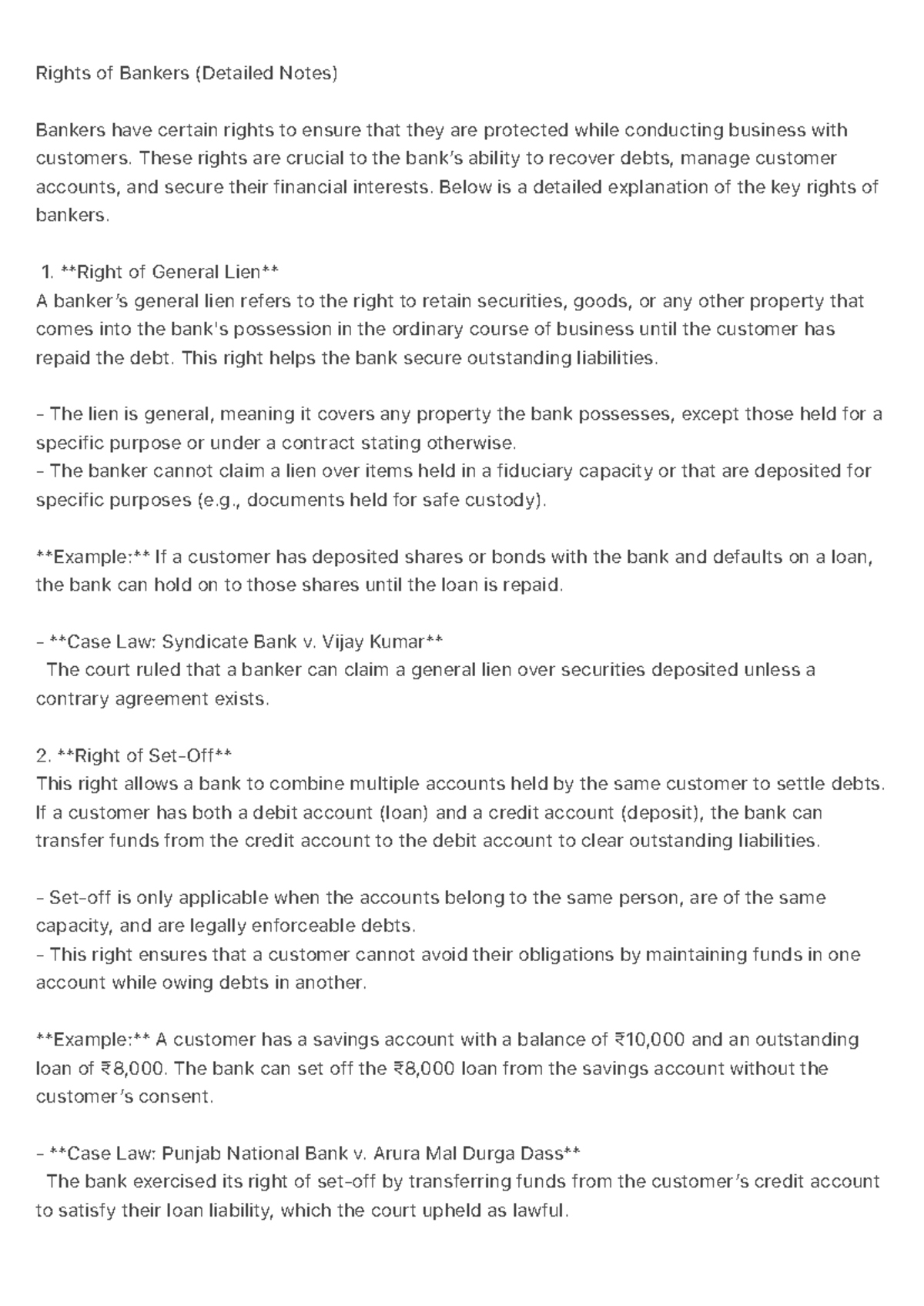 Rights of Bankers: Detailed Lecture Notes on Key Legal Protections ...