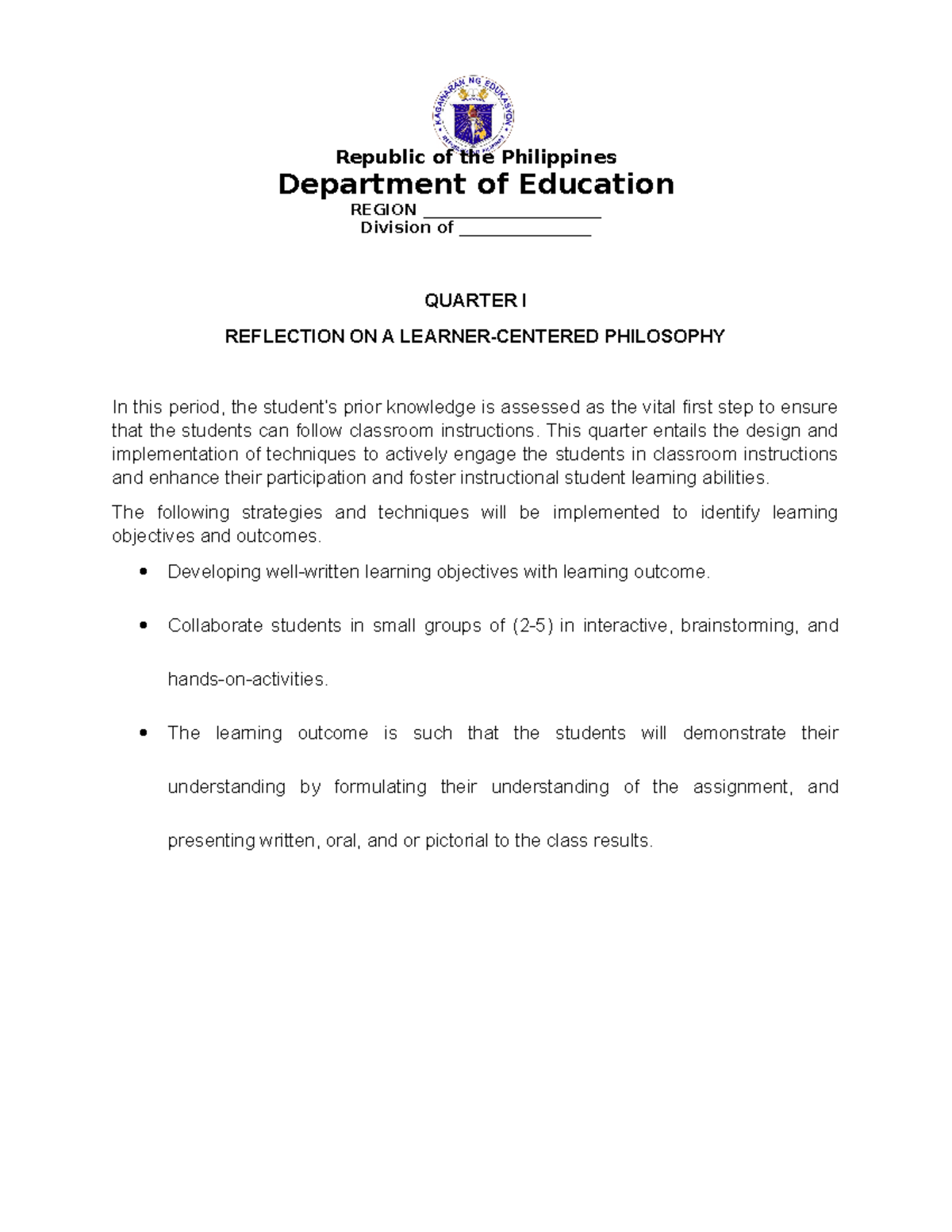 Reflection ON A Learner- Centered Philosophy - Department of Education ...