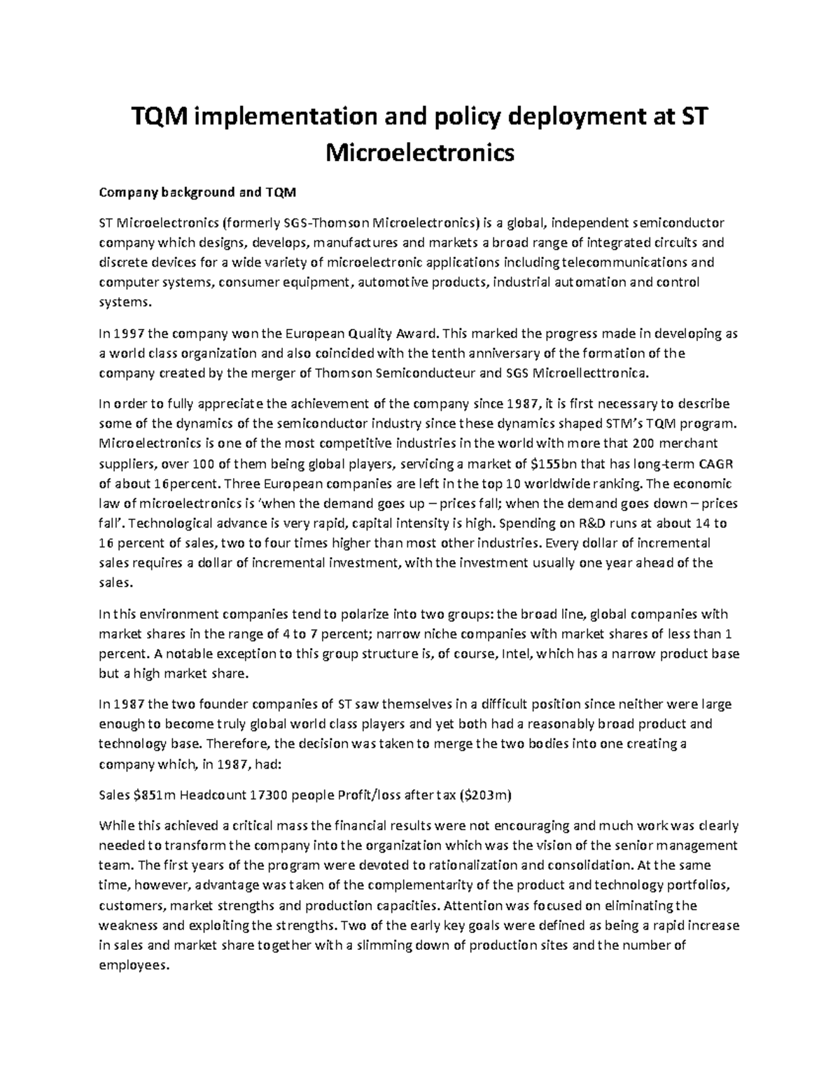 427532615 798518 2 Case Study 1: TQM Implementation at ST ...