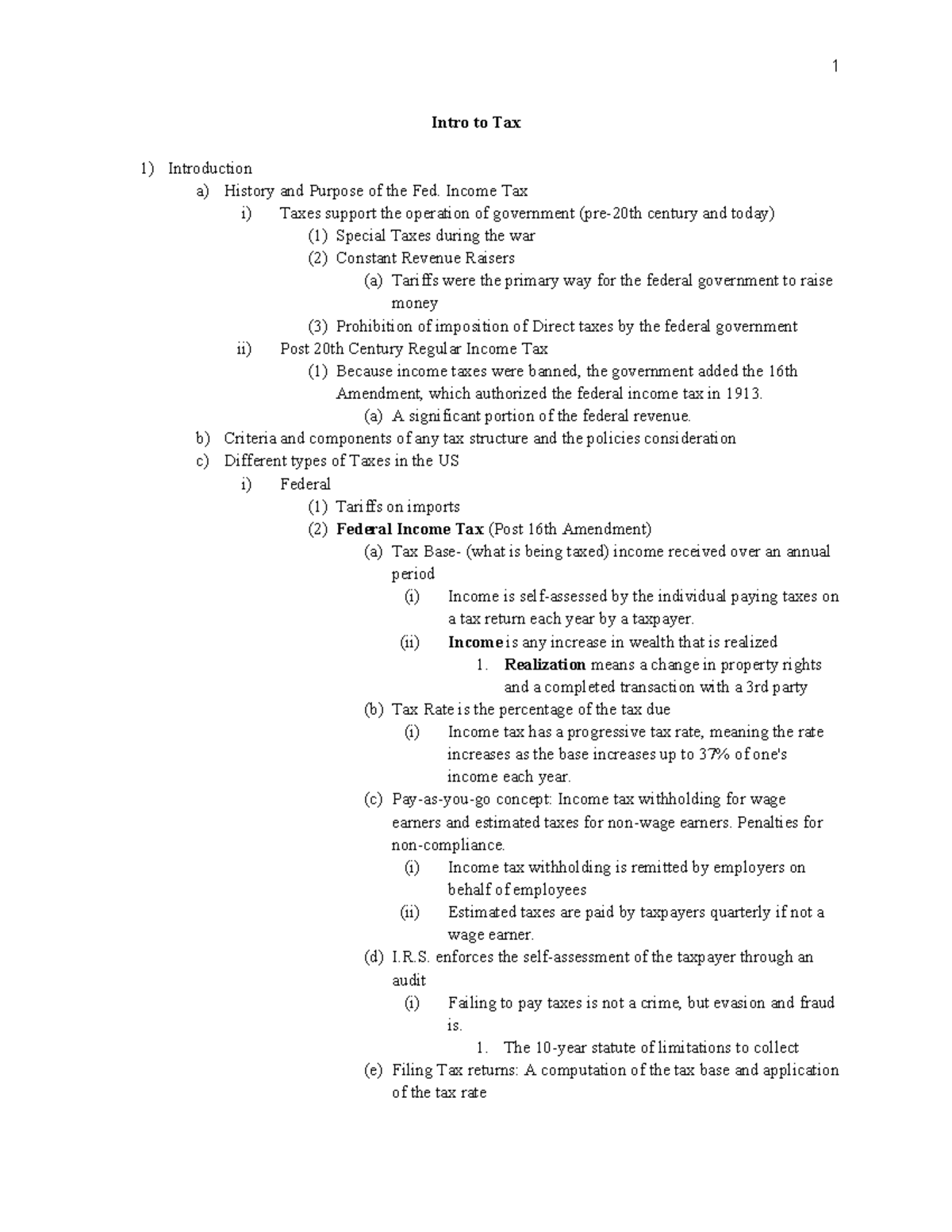 Intro to Tax Outline (Course Code: TAX101) - Key Concepts and ...