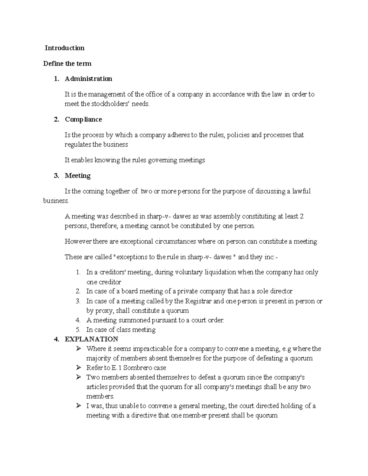 Meetings Compliance Notes - LAW 101: Administration, Compliance, and ...