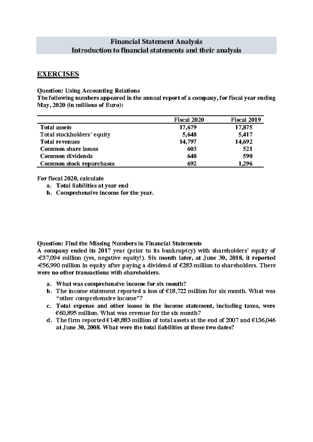 FSA 101: Financial Statement Analysis Exercises and Questions - Studocu