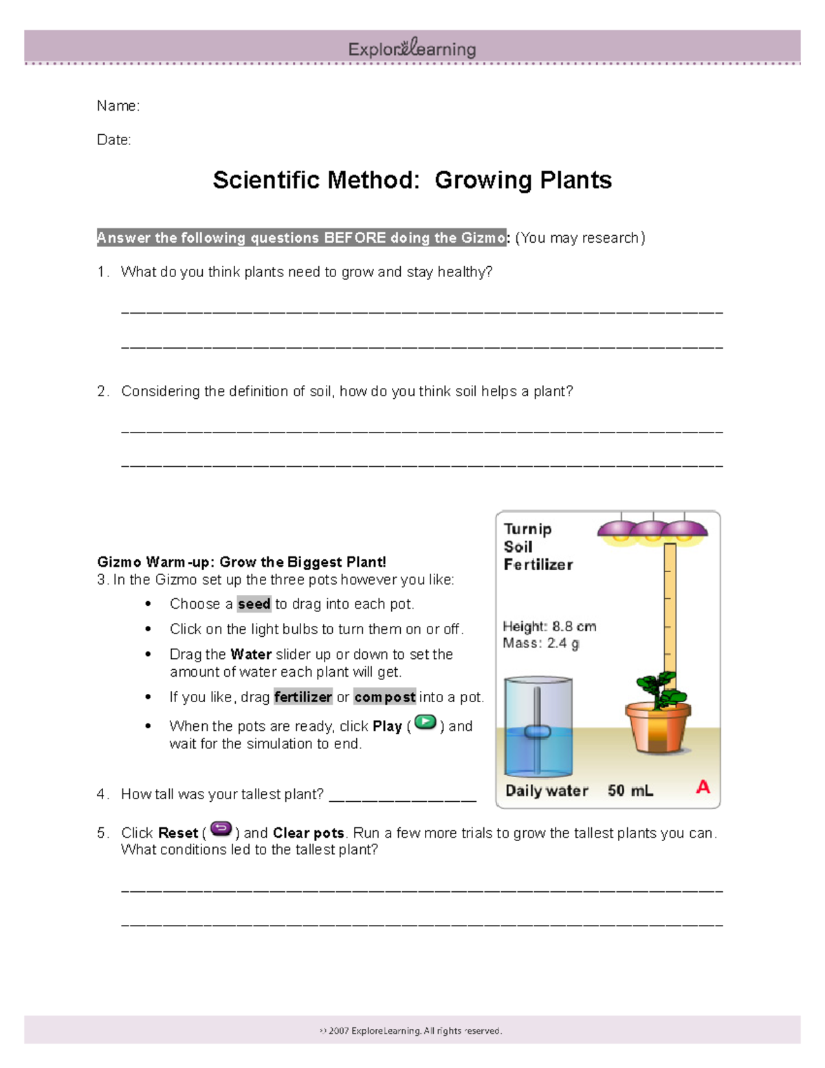 Gizmo Activity: Exploring the Scientific Method with Plants - Studocu
