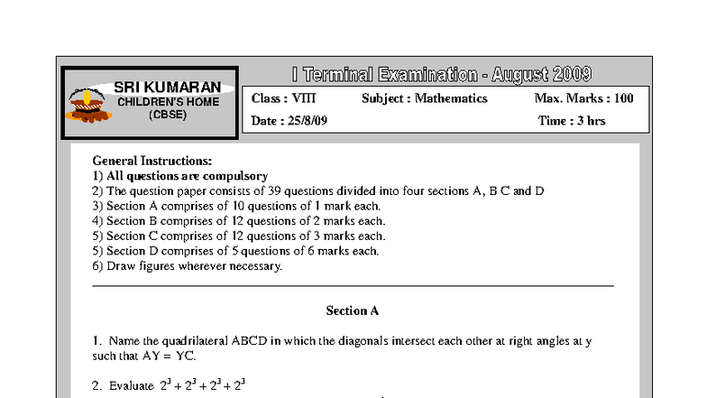 Mathematics Home Exam (CBSE) - Class M45 - Max Marks: 100 - Studocu