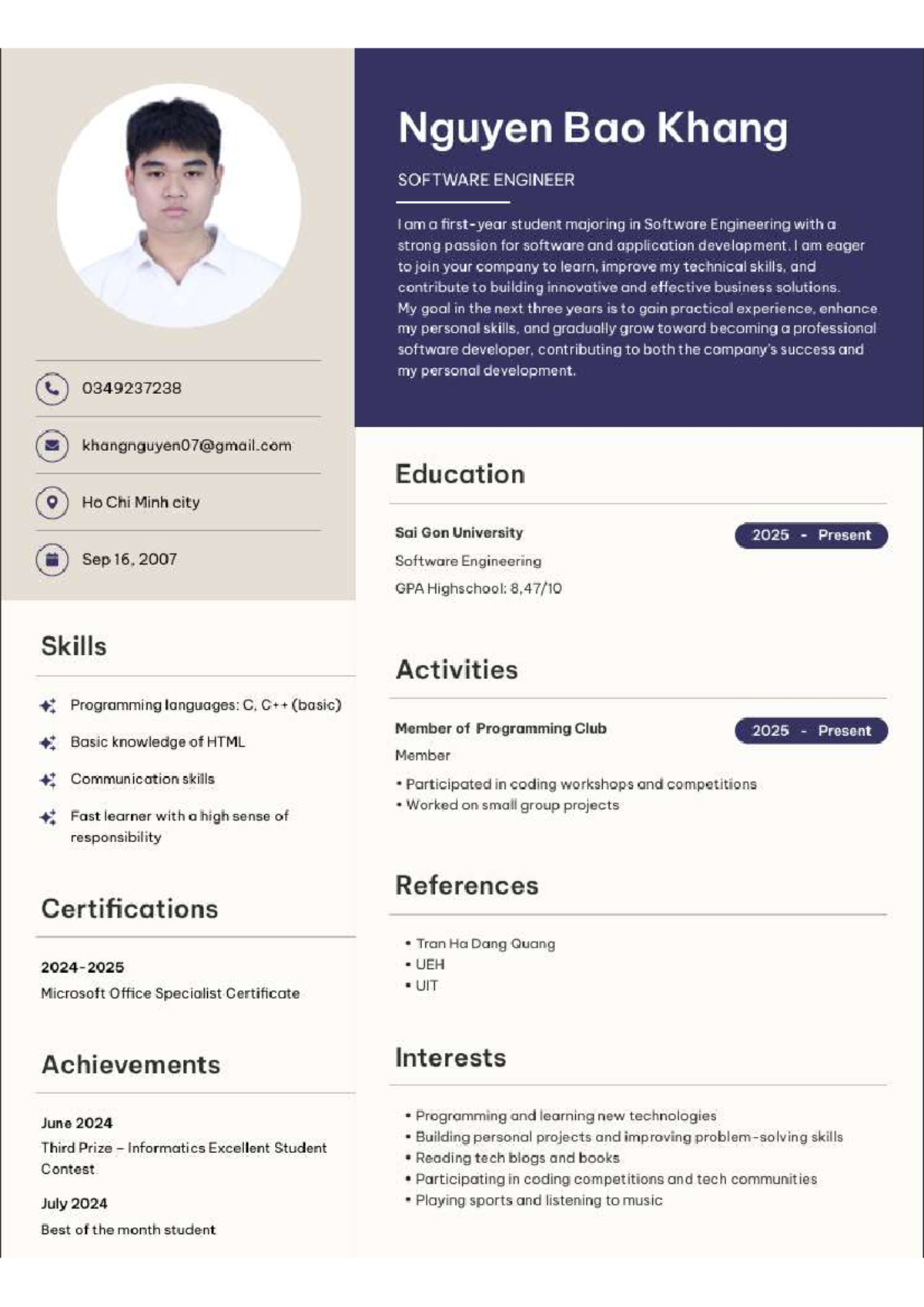 Software Engineering Student Profile - Nguyen Bao Khang - Studocu