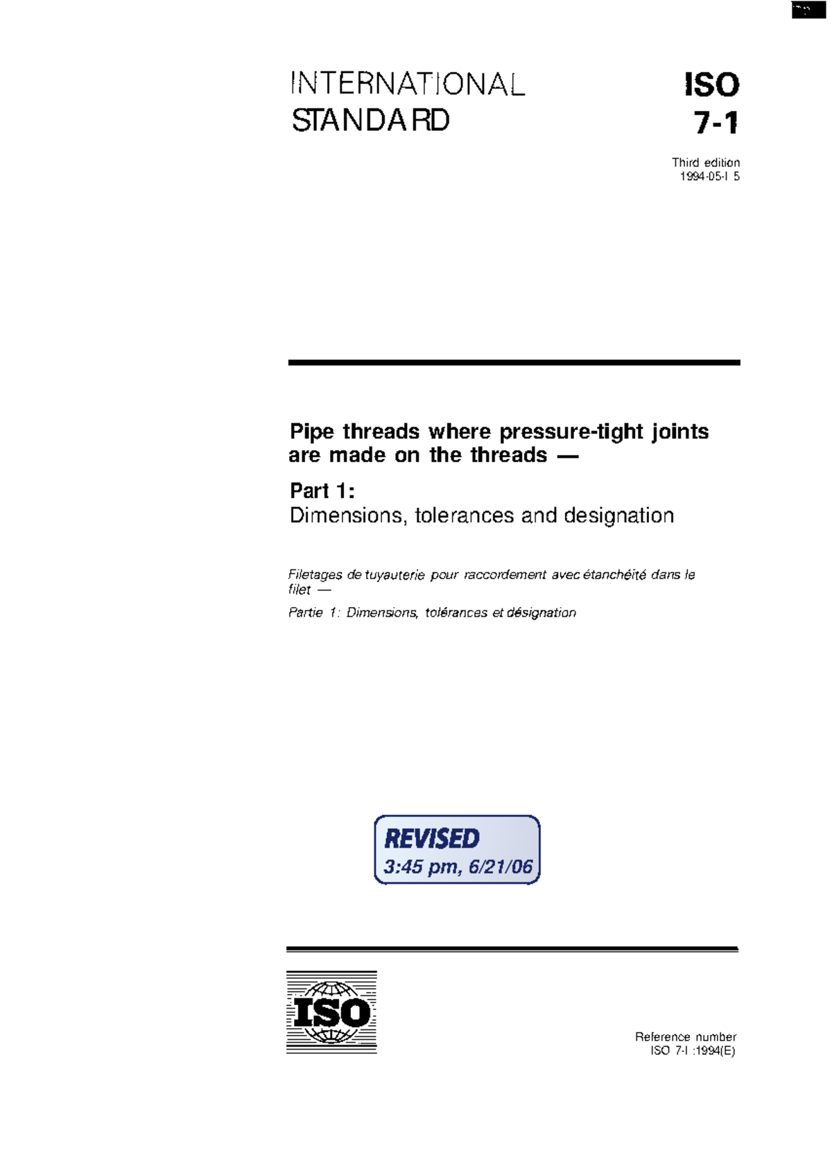 ISO 7-1:1994(E) - Dimensional Standards for BSPT Pipe Threads - Studocu