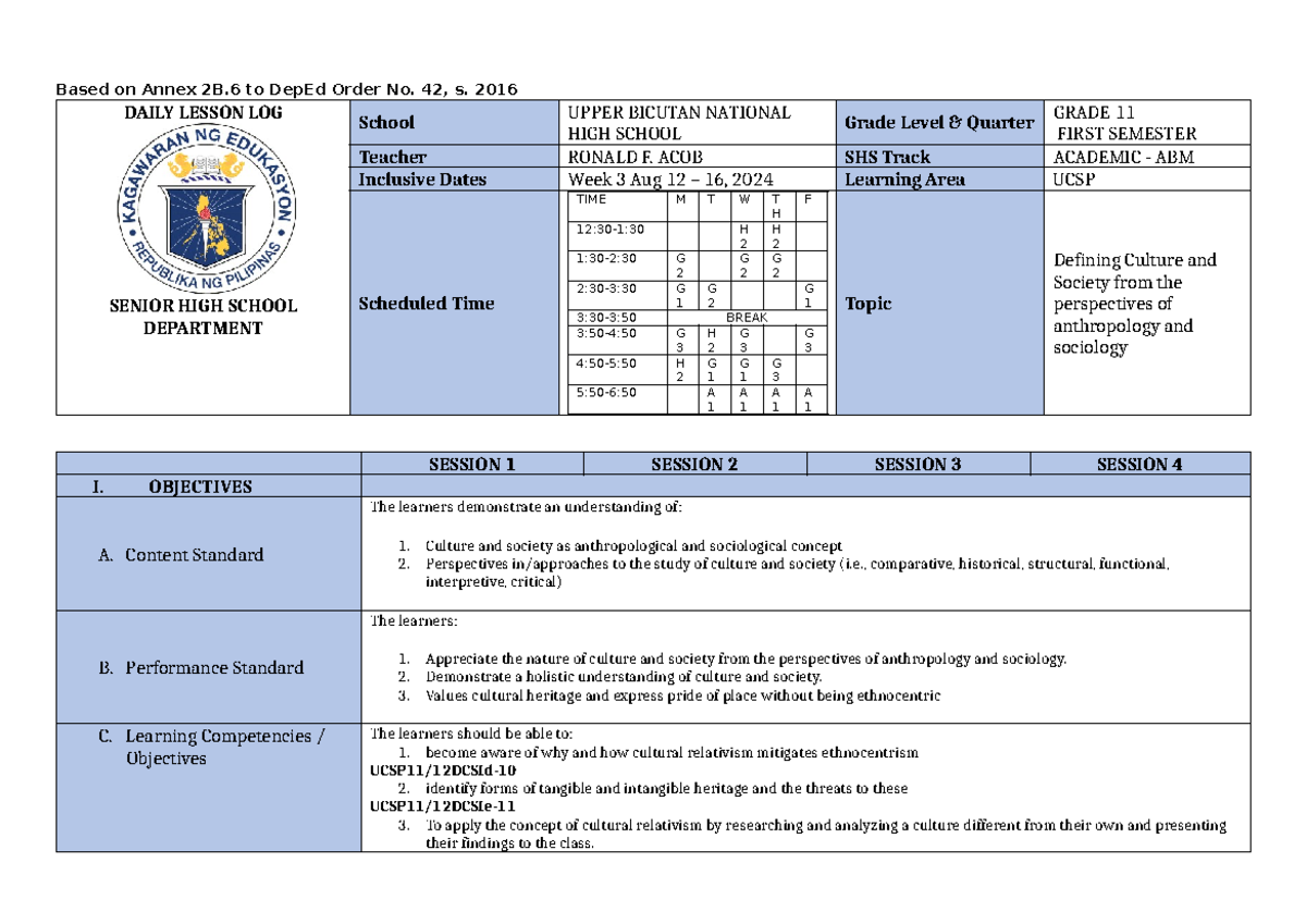 UCSP Daily Lesson Log (DLL) Week 3 - Culture & Society Insights - Studocu