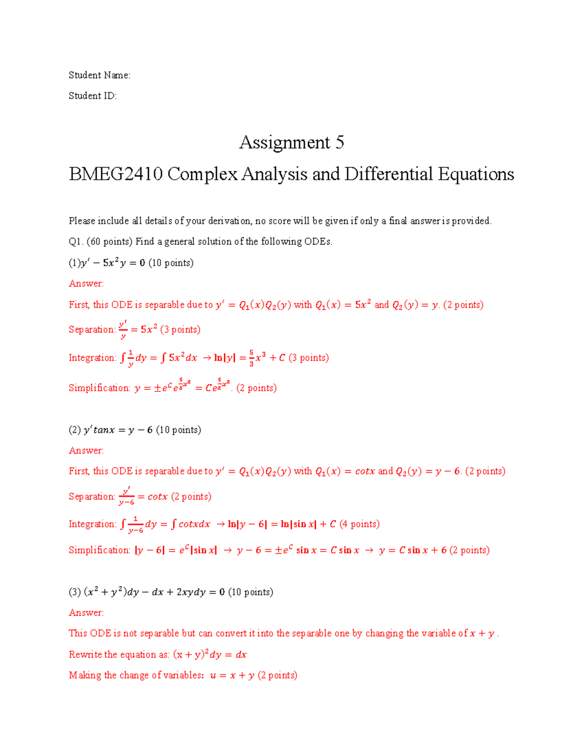 Assignment 5 Solutions for BMEG2410: Complex Analysis & DEs - Studocu