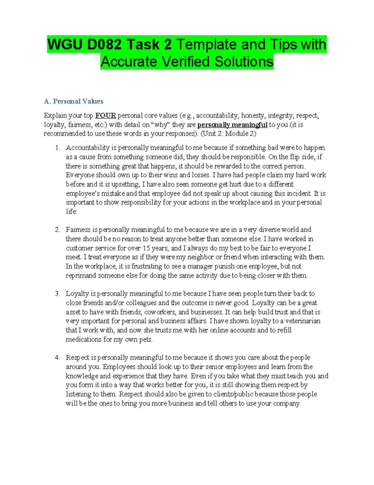 WGU D082 Task 2: Personal Core Values & Cultural Intelligence Insights ...